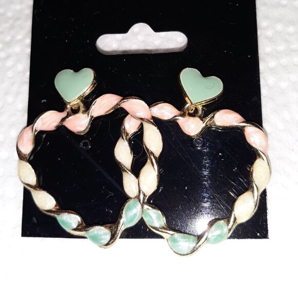 NEW! Heart Dangle Twisted Earrings w Gold Pastel Enamel and stud backs - Picture 1 of 5